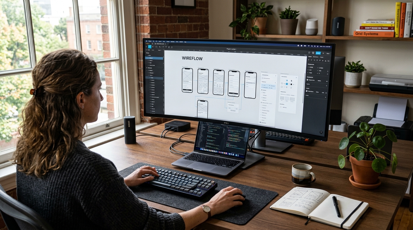 Workspace scene demonstrating sophisticated UI/UX design